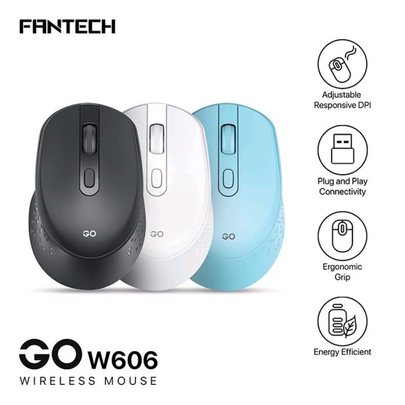 Mouse Wireless Fantech GO W606 - Wireless 2.4GHz & Bluetooth, Optical 1600DPI, 4 Tombol, 1xAA, Hitam/Putih/Biru