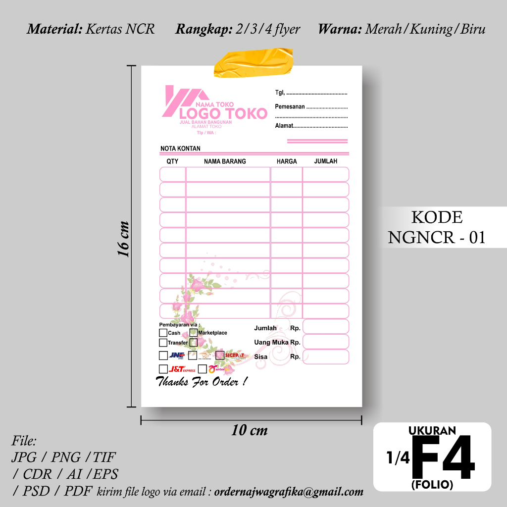 

Nota Custom Satuan Sesuai Kebutuhan Toko atau Bisnis Anda, Hemat Biaya, Ukuran 16x10cm (1/4 Folio)
