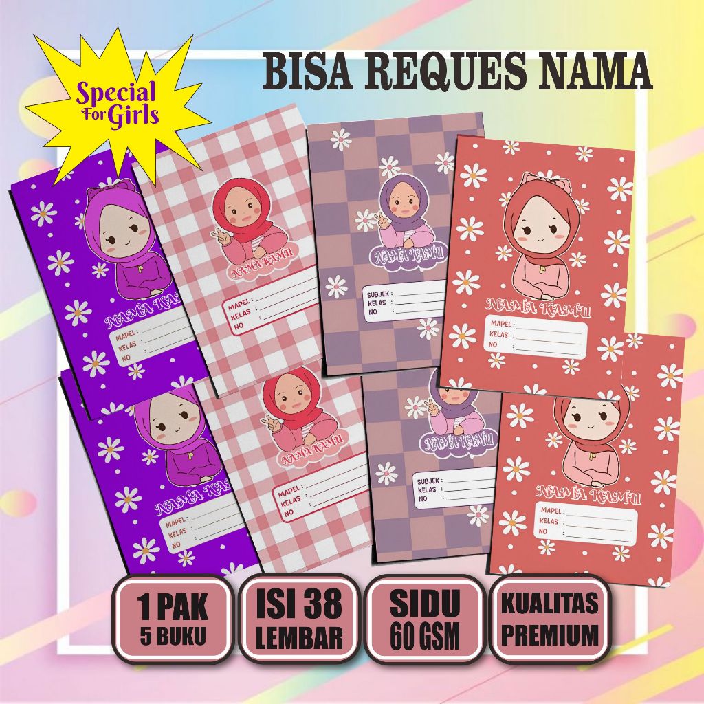 

Buku Tulis 38 Lembar Custom NAMA, Spesial Design For Girl / Buku Tulis Sekolah