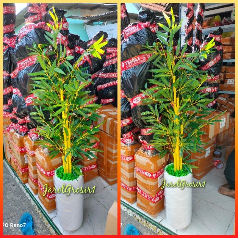 BAMBU KUNING HIAS ARTIFICIAL VAS TERAKOTA TINGGI 120CM// BAMBU KUNING PLASTIK LENGKAP VAS BEBATUAN P