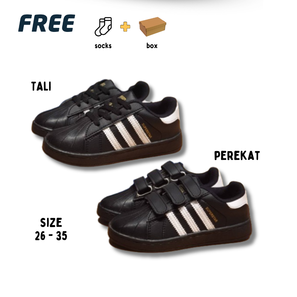 Sepatu Adidas Superstar Anak Sekolah Full Black Hitam Polos Model Perekat dan Tali TK SD