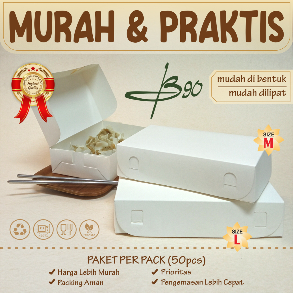 Lunch Box Putih uk M, L kertas Putih Polos Isi 50 pcs / Kotak makan  Kertas