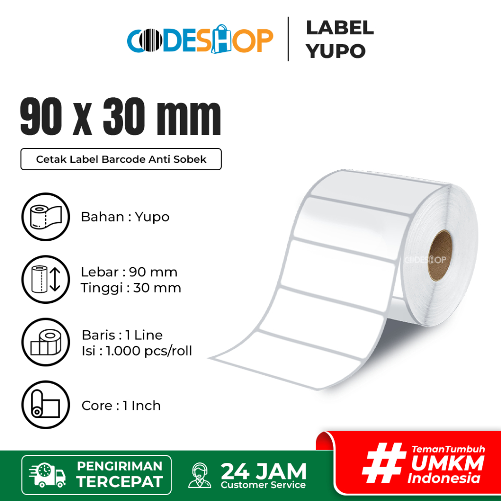 

Codeshop Label Yupo 90x30 mm 1 Line 1 inchCore isi 1000 Pcs