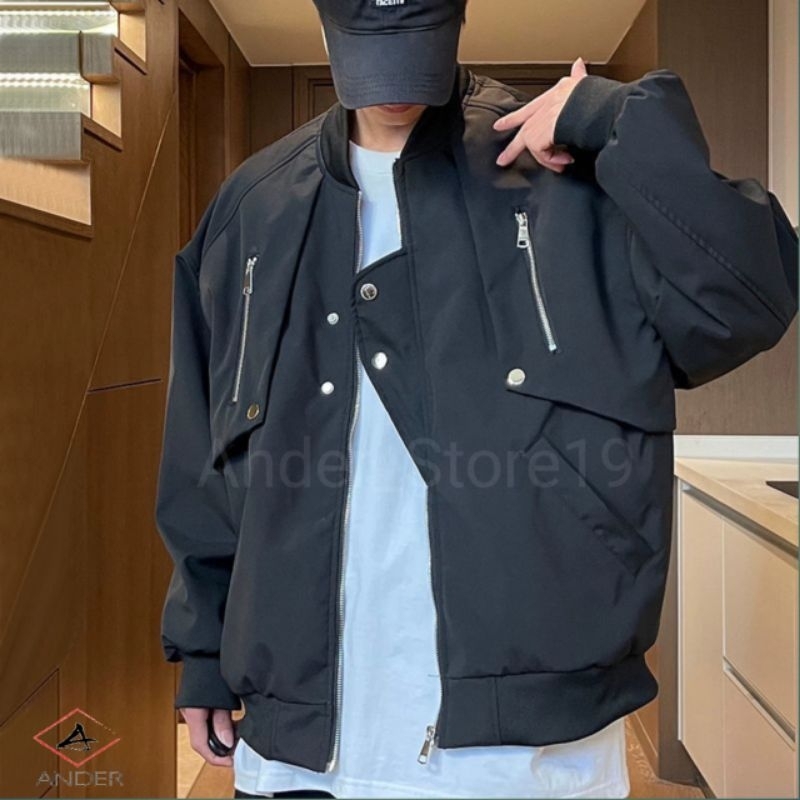 Jaket Pria Fungsional Keren Kekinian, Jaket Bomber Gaya Terbaru Cowok American Driil Berseleting Dep