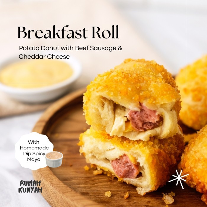 

Donat Kentang Rendah Gluten Empuk Rumah Kunyah di Goreng dengan Coconut Oil Halal dengan Isian Sosis Sapi & Keju / Breakfast Roll