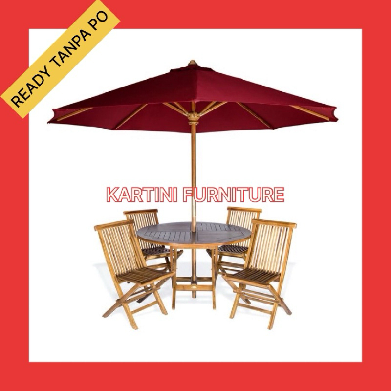 Set Meja Payung Taman Cafe Outdoor Tenda Payung cafe Kayu Jati 4 Kursi Lipat