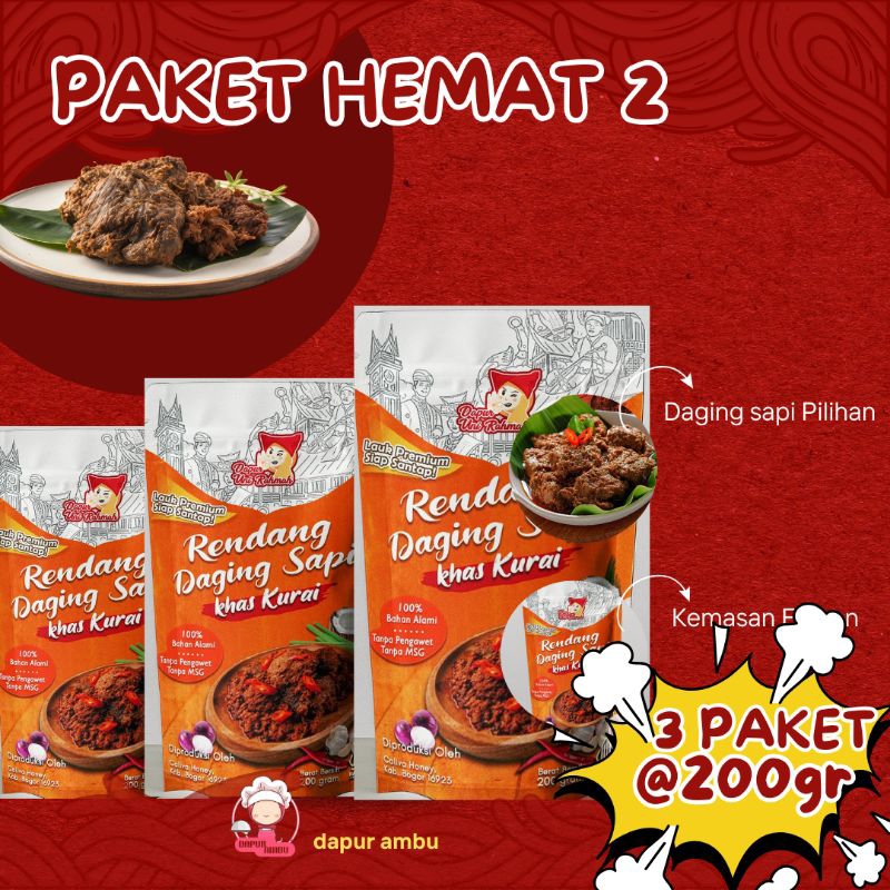 

[Paket Hemat 3 Pack] @200gr Rendang Daging Sapi Asli Khas Padang Halal Dapur Ambu Kemasan Siap Saji | PAKET HEMAT Rendang sapi foodenna dapat 3 pcs @200 gr | Rendang Daging Sapi Asli Padang | Paket Padang Rendang Sapi & Paru Goreng Santapan Minang | pouch