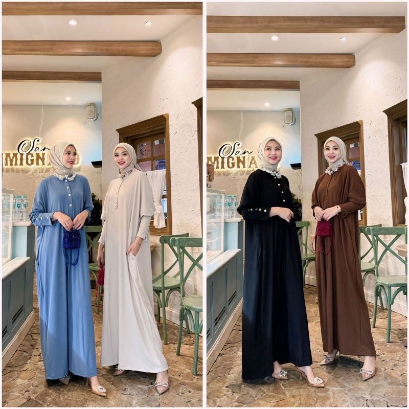 Button Jumbo Maxy biru blue warna coklat choco gamis Maxi dress muslimah bahan Kaos knit premium fit