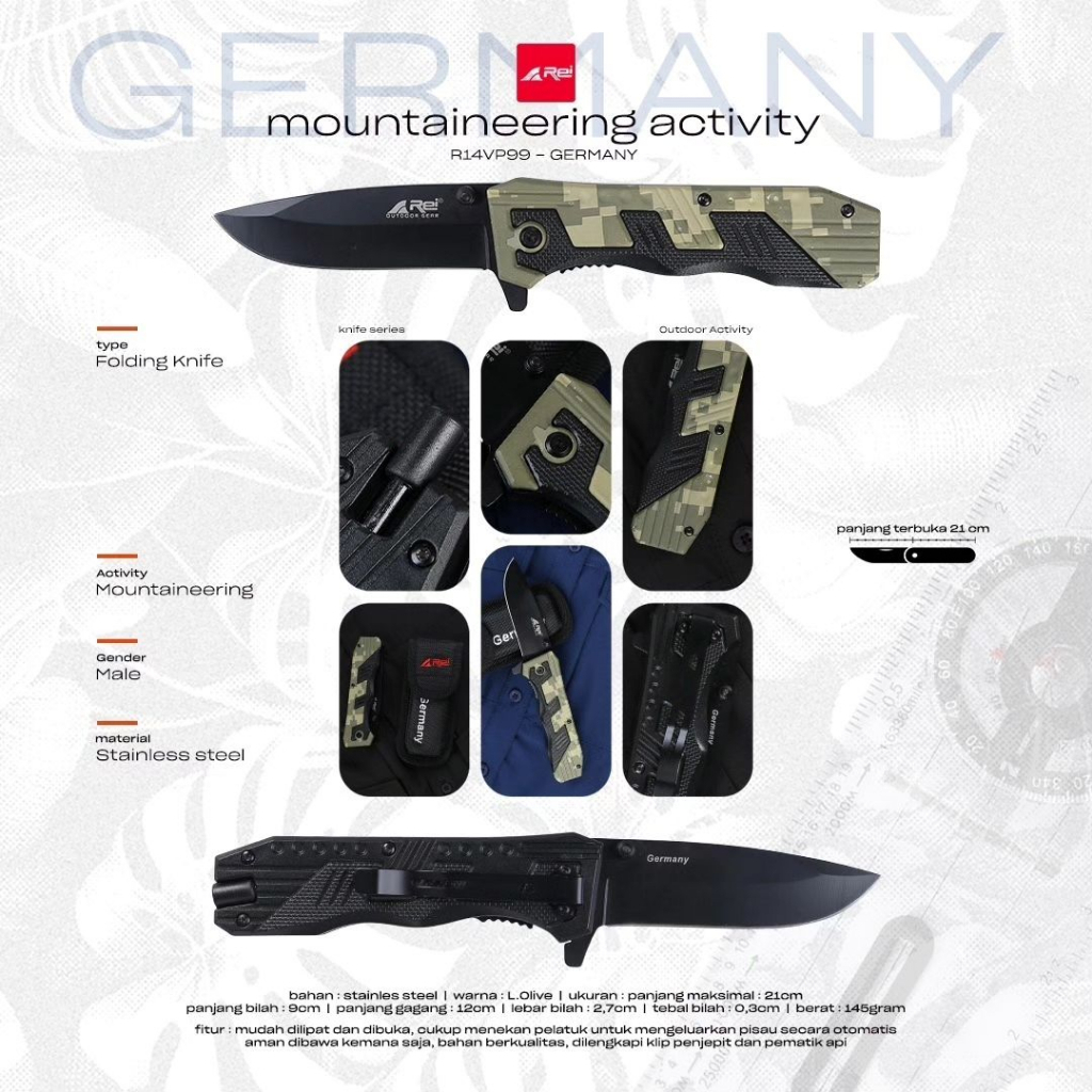 Pisau Lipat HIKING OUTDOOR Camping Gunung Pria KNIFE GERMANY AREI OUTDOORGEAR