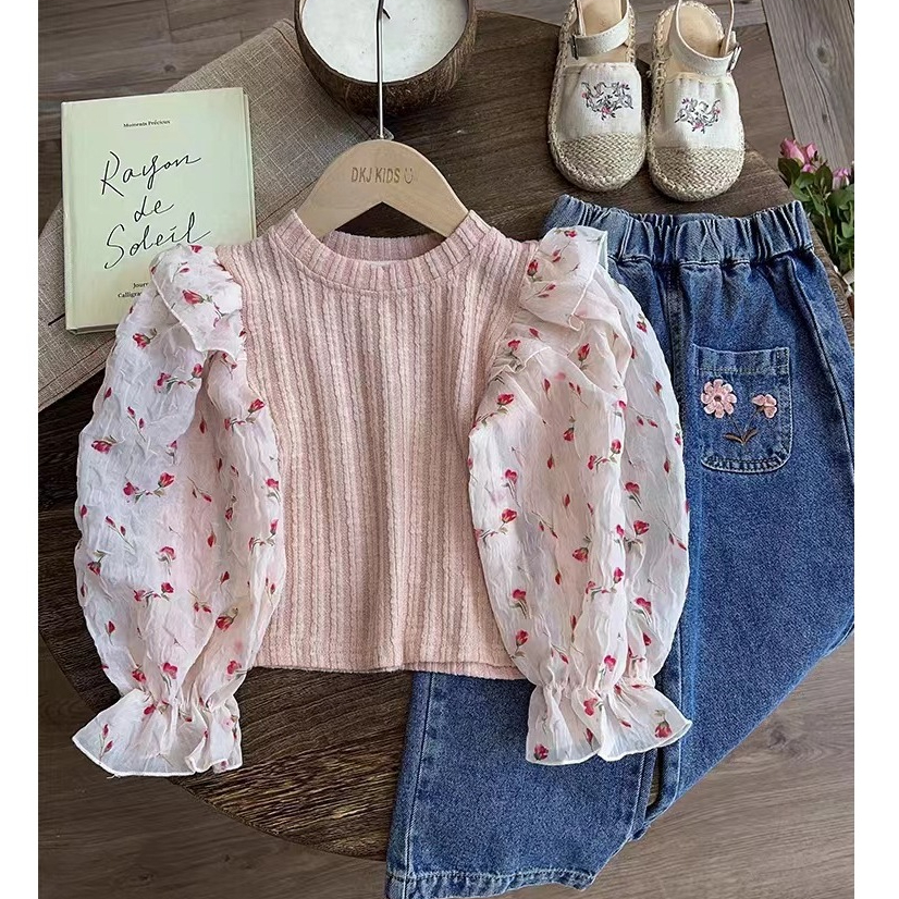 Wavy Flowers Setelan Baju Lengan Balon Celana Jeans Fashion Import Anak Perempuan