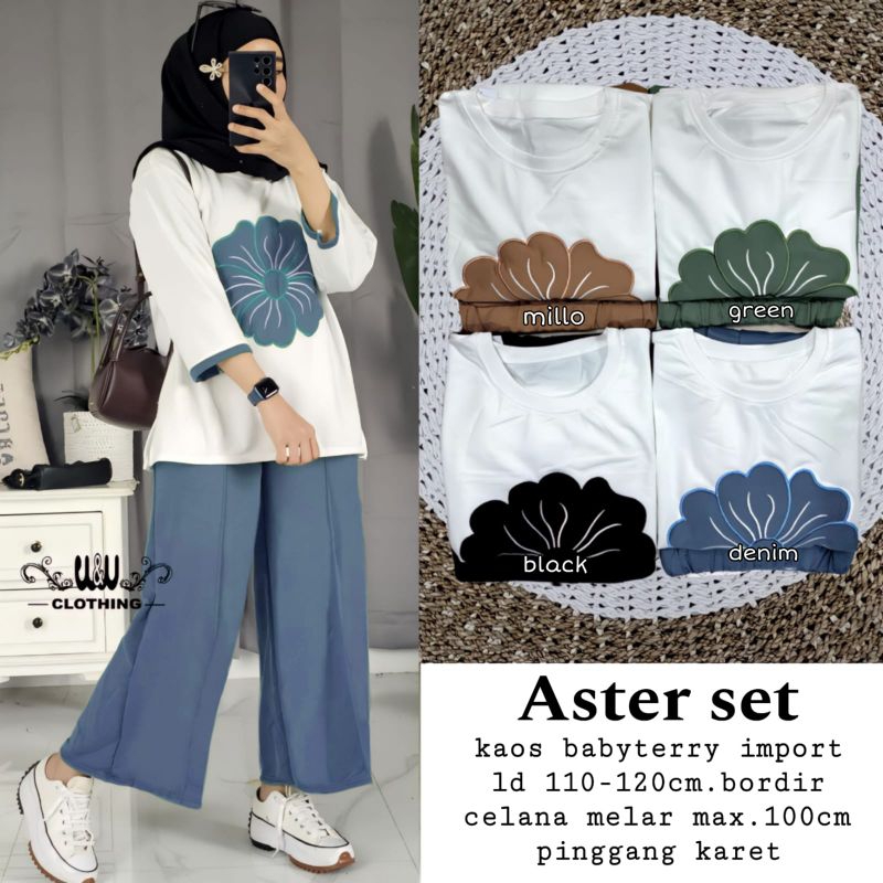 Aster Set 2in1 Setelan atasan dan celana matt kaos babyterry warna millo turkish denim hitam army gr