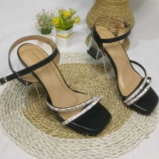 sandal heels wanita tali gliter permata hak kaca 7cm