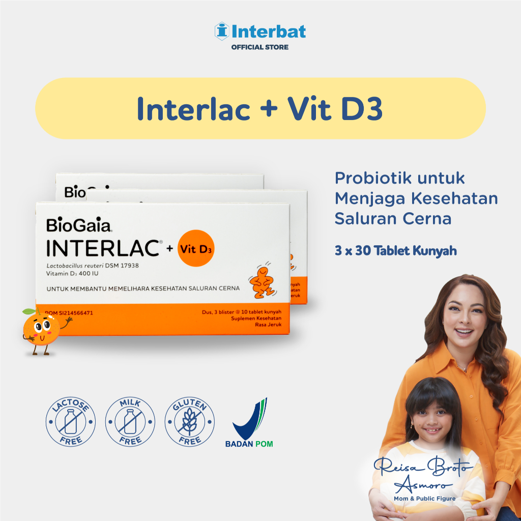 Interlac Probiotik + Vit D3 400 IU Triple Bundle - Menjaga Kesehatan Saluran Cerna dan Daya Tahan Tu