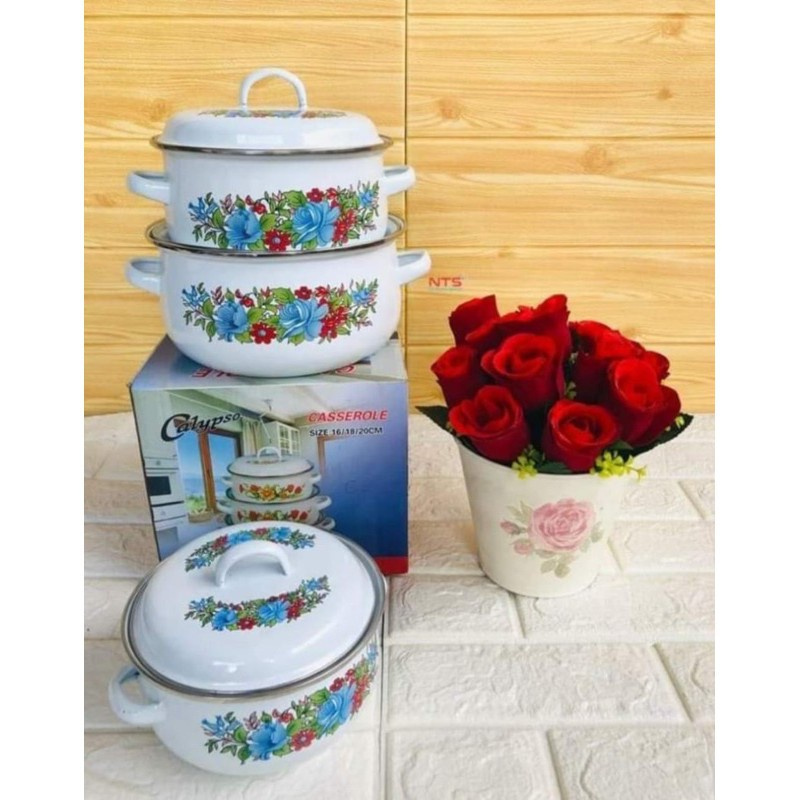Panci Bunga Calypso 3 Susun / Panci Enamel Bunga Set 3pcs