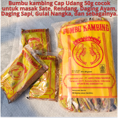 

Bumbu kambing Cap Udang 50g cocok untuk masak Sate, Rendang, Daging Ayam, Daging Sapi, Gulai Nangka, dan sebagainya.