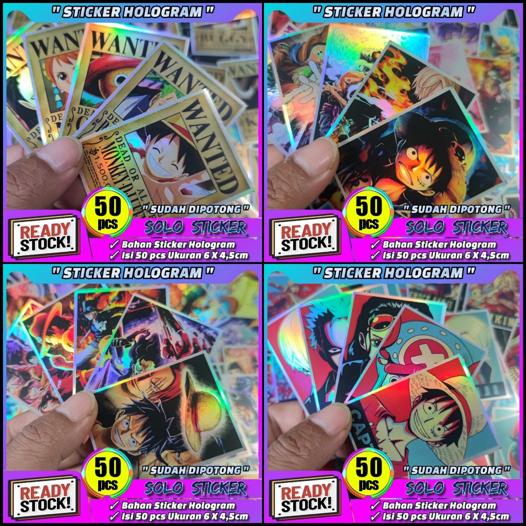 

50 pcs Stiker Hologram One Piece Sticker Anime Bounty Wanted Luffy