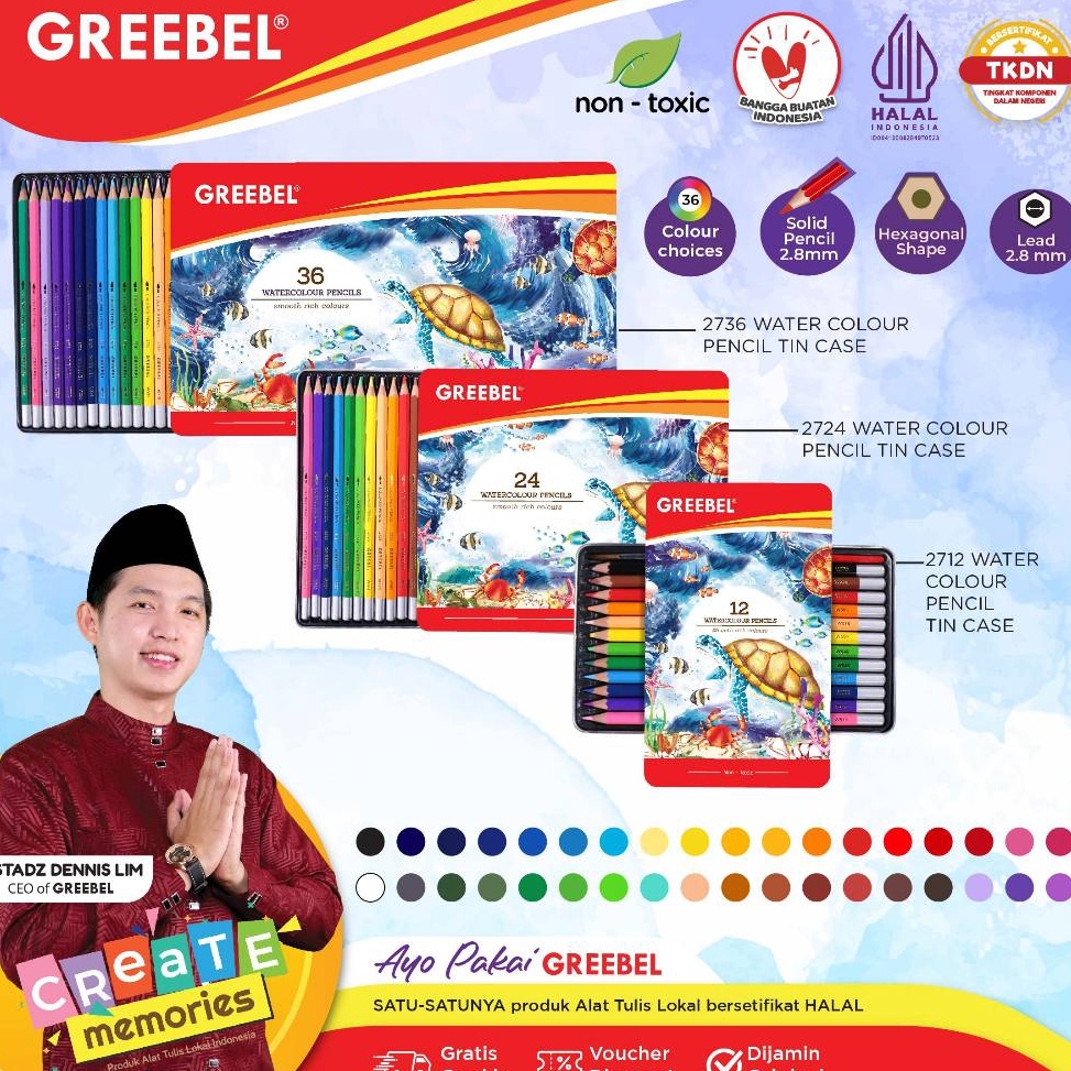 

GREEBEL Pensil Warna WATERCOLOR TIN CASE ColoringColorColour Pencils Cerah tidak beracun utk mewarnai anak ART N9L4