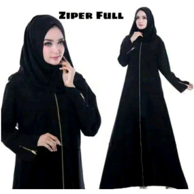 GAMIS ABAYA ZIPER POLOS FULL HITAM COUPLE ANAK DAN IBU