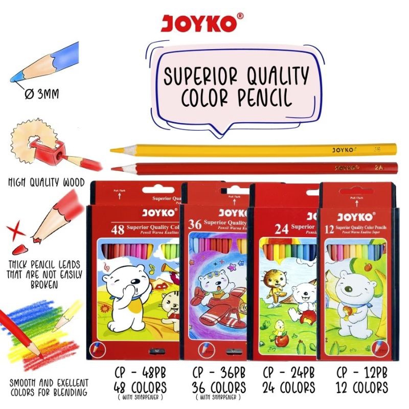 

12 Warna Pensil Warna Joyco Cerah Panjang Pendek / Crayon Pewarna