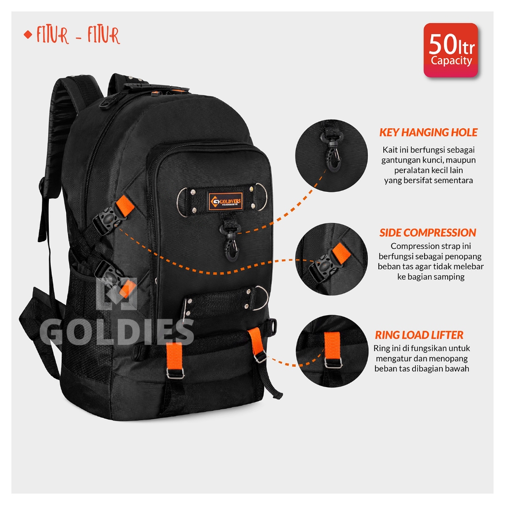 Goldvers Tas Ransel Pria Jumbo Backpack Pakaian Traveling Tas Mudik 50Litter Original Import