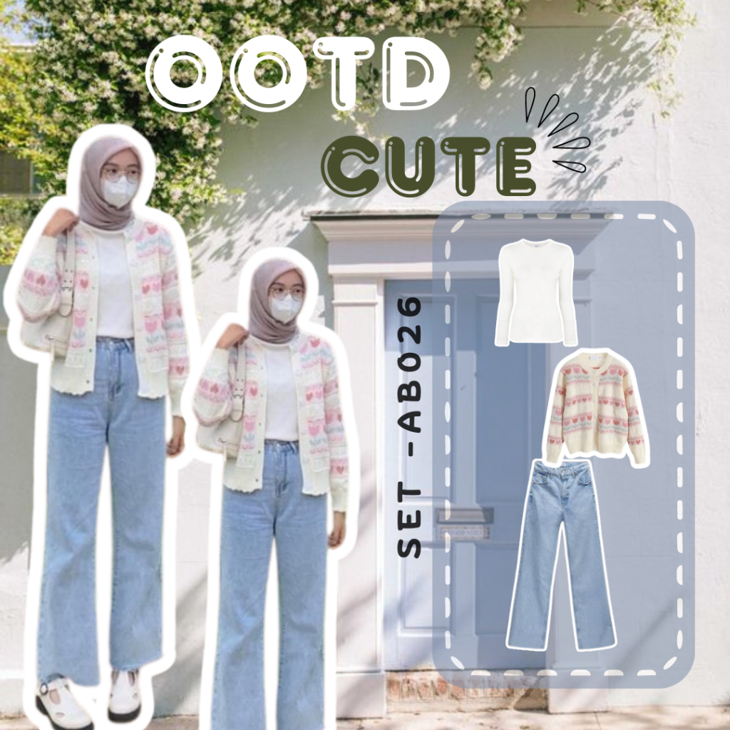 AB026 - ONE SET CEWE KOREAN STYLE  | OOTD HANGOUT NONGKRONG | Cardigan Love Outer Rajut + Manset Put