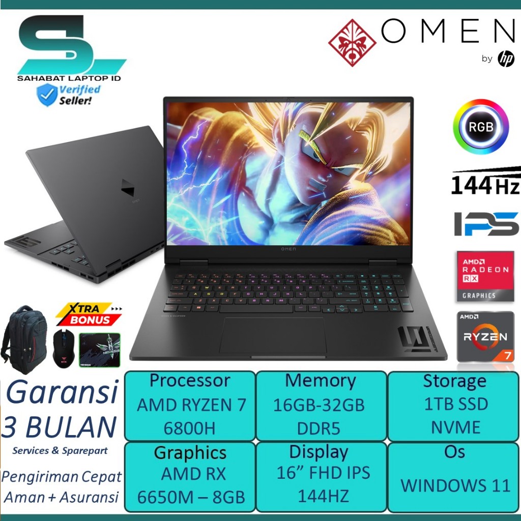 Laptop Gaming murah Hp Omen 16 Ryzen 7 6800H  ram 16Gb Ddr5 1Tb Ssd Radeon RX6650M 8Gb Fhd Ips Rgb k