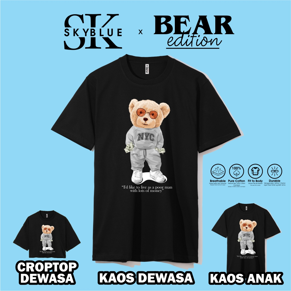 OFFICIAL SKYBLUE kaos baju atasan t shirt TEDDY BEAR NYC combed 30s oversize croptop cowok cewek pri