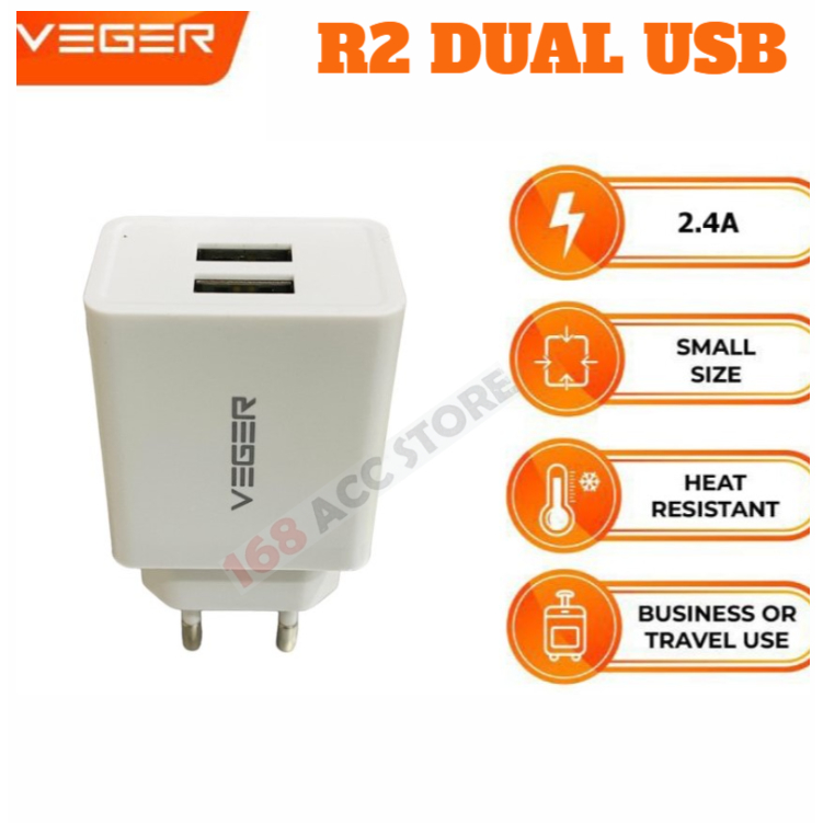 VEGER Adapter Charger R2 dual Usb 12w max 2.4A