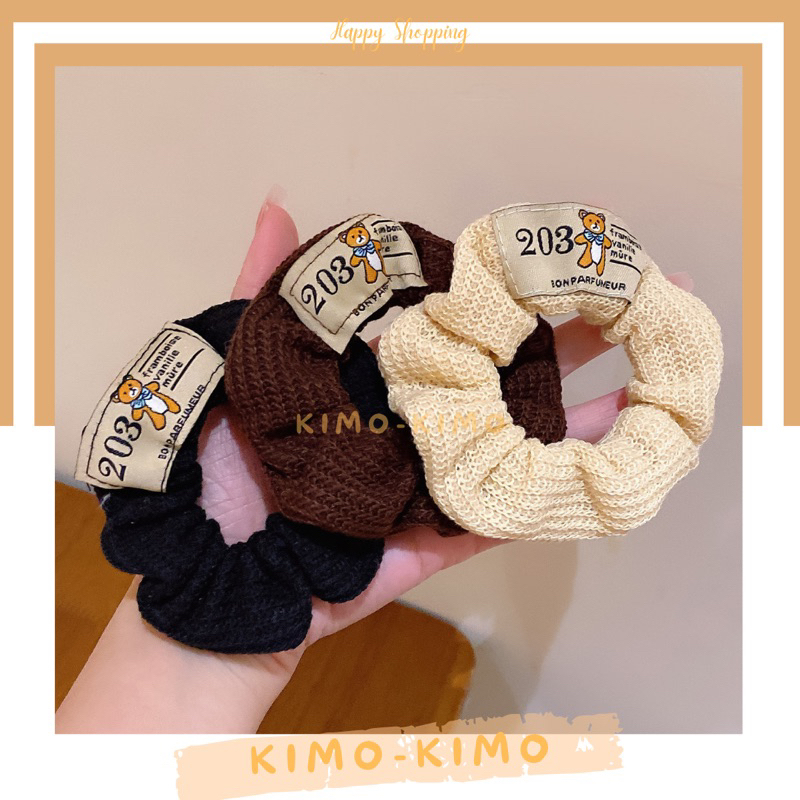 【🄺🄸🄼🄾-🄺🄸🄼🄾】Ikat Rambut Korean Motif  Bear Yarn Bulu Lembut Ikat Rambut Kuncir Hitam Monocrom Scrunch