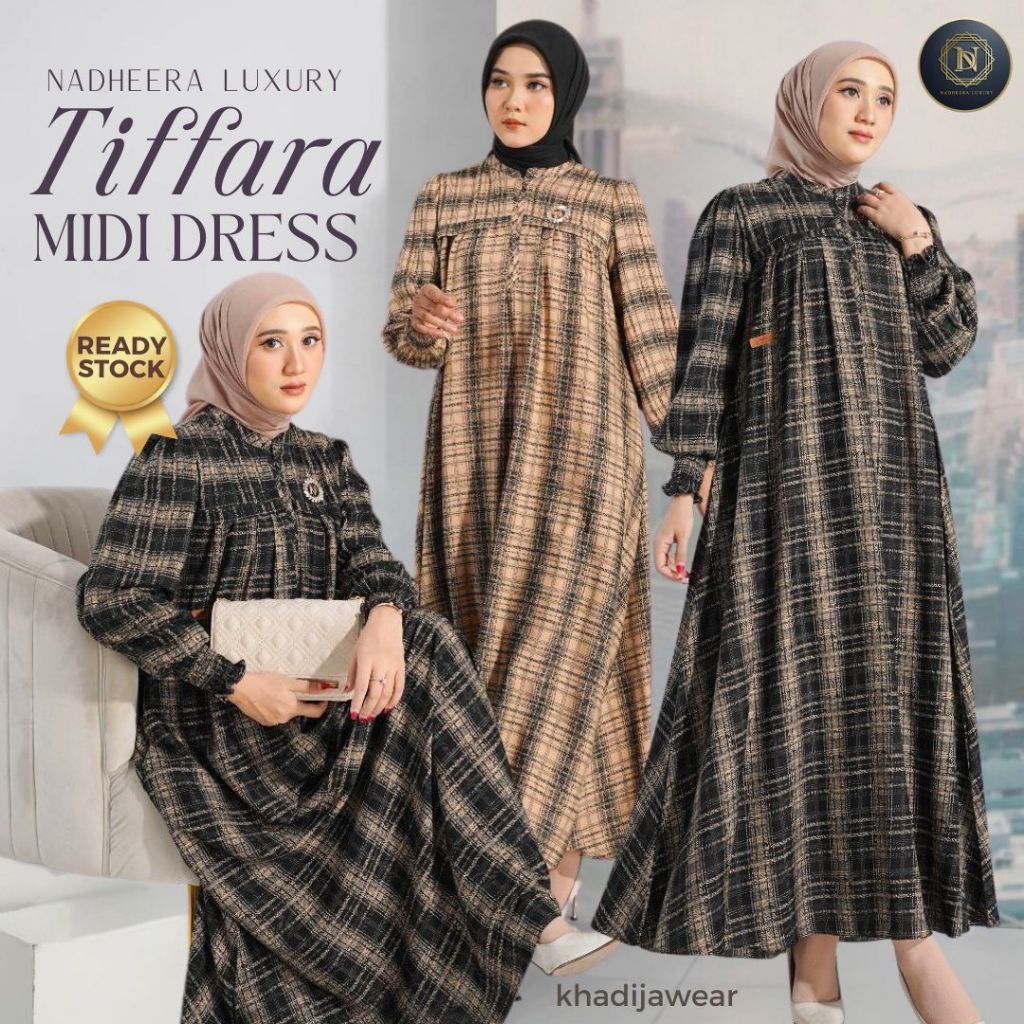 [BISA COD] TIFFARA MIDI DRESS NADHEERA LUXURY gamis kotak motif rayon terbaru nadhera 2024 black