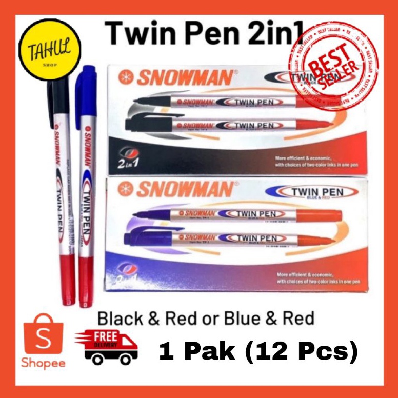 

KODE Q42P 1 Pak 12 Pcs Spidol Snowman TwinPen Twin Pen Hitam Merah Biru Merah