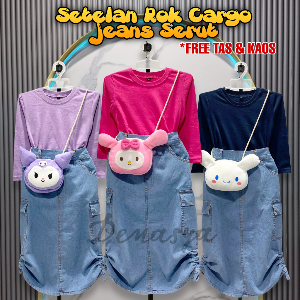 (FREE TAS) set ootd anak perempuan / setelan rok cargo serut import terbaru / rok jeans anak perempu
