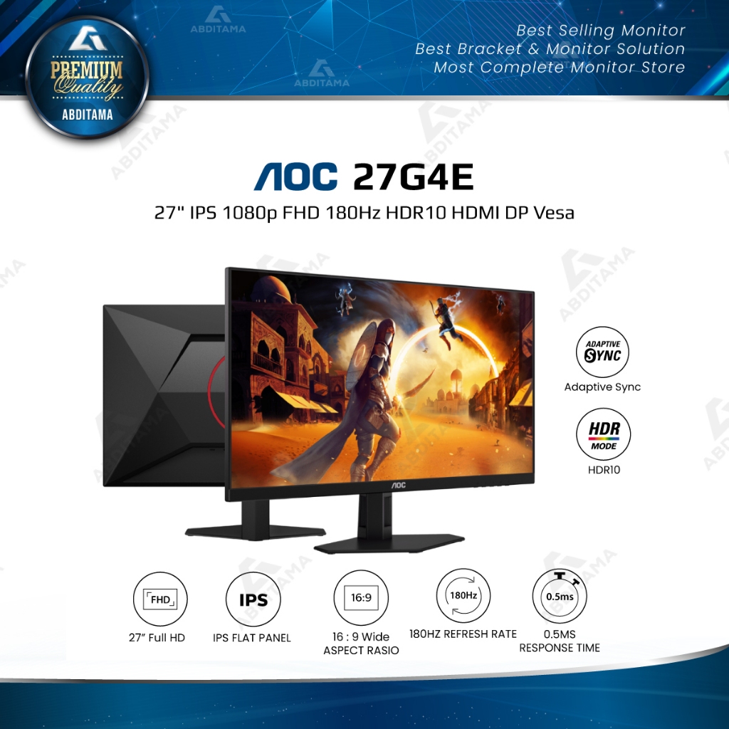 Monitor LED AOC 27G4E 27" Fast IPS 1080p FHD HDMI 2.0x1 DP 1.4x1 180Hz  Adaptive-Sync HDR10 Flicker 