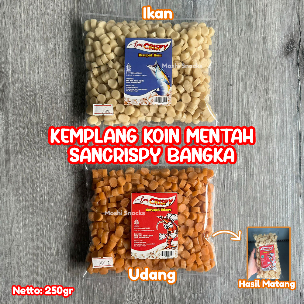 

Kerupuk Kemplang Mentah Koin Ikan Udang Cap SanCrispy 250gr / Krupuk Bangka Mini Kecil San Crispy Kerupuk Krupuk Koin Bangka Mentah SUPER Sancrispy Asli Bangka / Kemplang Koin Mini Mentah Halal