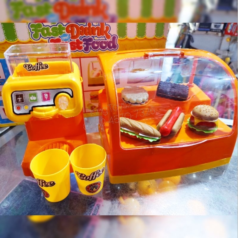 Mainan Anak Etalase Jualan Kue Burger Fast Food Makanan Cafe Kopi Coffee Gelas Sandwich Hotdog Roti 