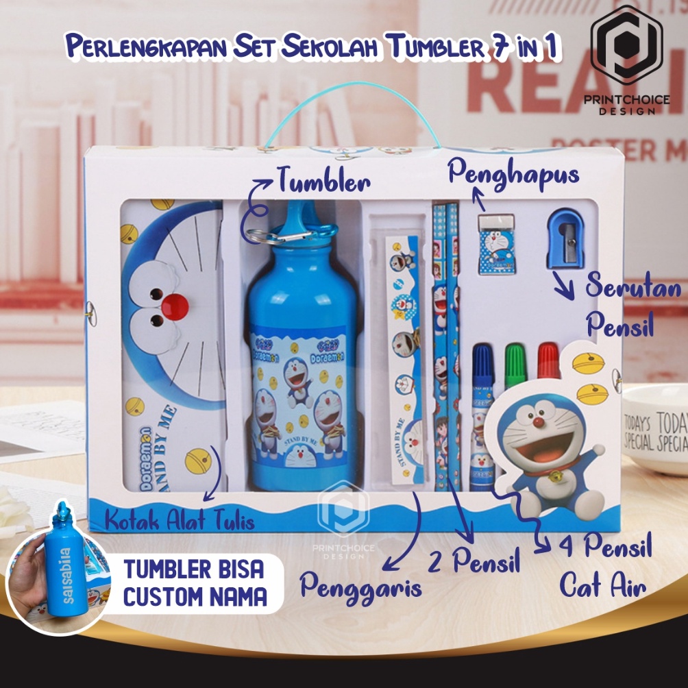 

KODE O9O6 Paket Alat Tulis Set Tumbler Botol Minum 7 in 1 Motif Karakter Doraemon Frozen Spiderman Princess