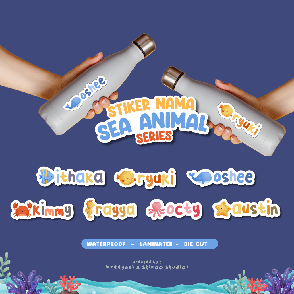

Sea Animals - Stiker Label Nama Custom - Waterproof - Stiker TumblerHampers Ulang Tahun - Stikoo