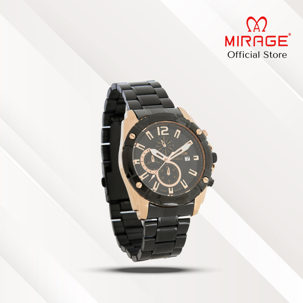 Mirage Jam Tangan Pria Analog 8714 M Black Rose Gold Original Stainless