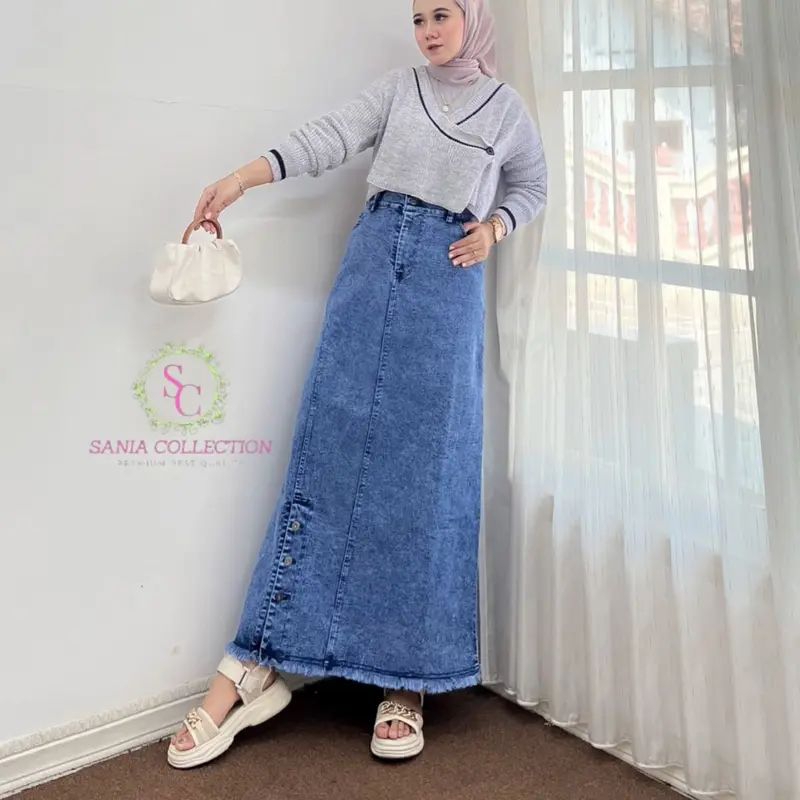 Rok jeans span kancing samping bawah premium ori by sania collections