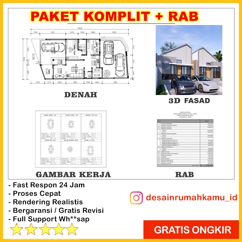 Jasa Desain Rumah Komplit , Denah, 3D Fasad, Gambar Kerja & RAB - Tanpa RAB