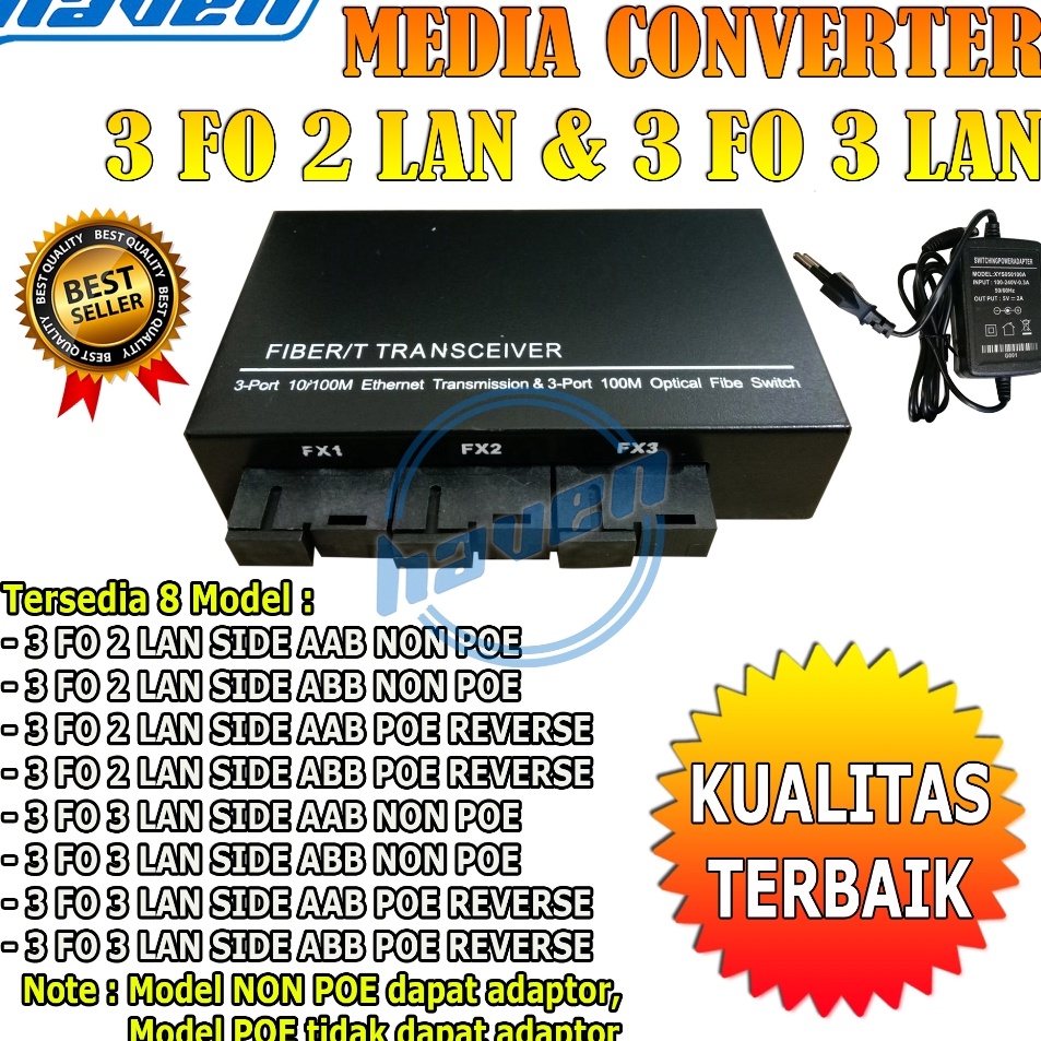 Media Converter 3 Port FO 2 Port LAN  Switch Fiber 3 FO 2 SC