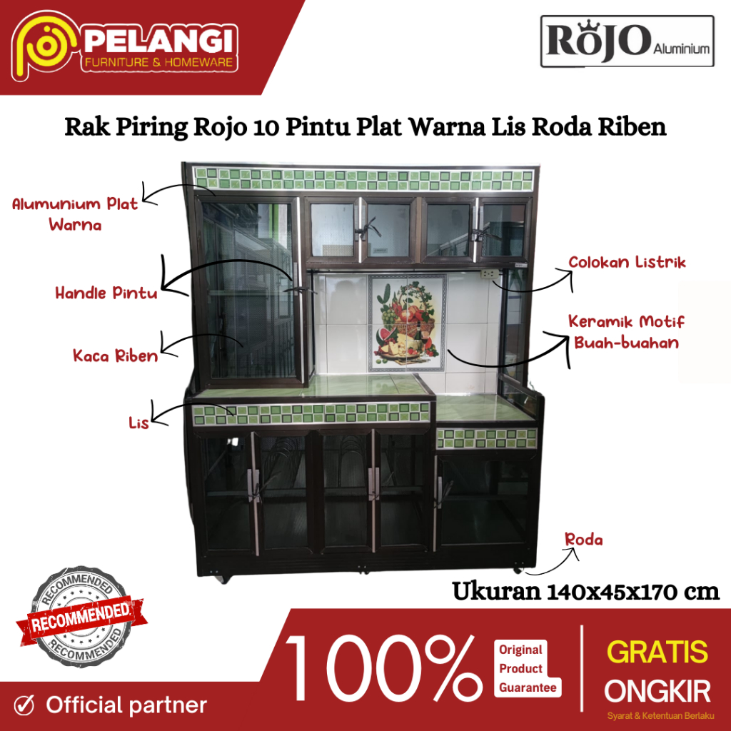 Rak Piring L140 10 Pintu Plat Warna Lis Roda Riben | Rak Piring Alumunium | Lemari Piring