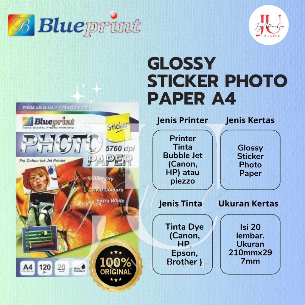 

Glossy Sticker Photo Paper A4 120gsm isi 20 lembar Kertas BLUEPRINT