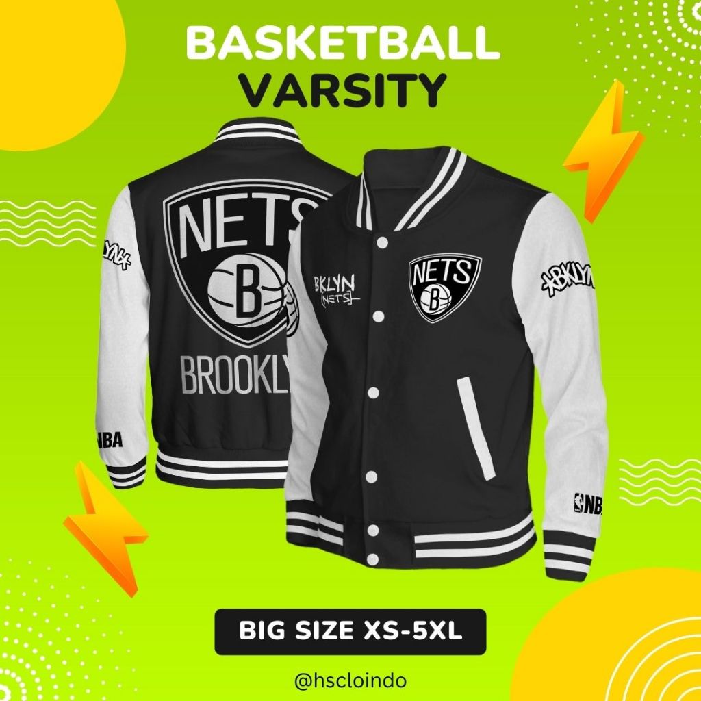 Jaket BOMBER Varsity HSCLO Brooklyn Nets NBA Basketball Sport Big Size Bahan Fleece Ukuran Jumbo XS 
