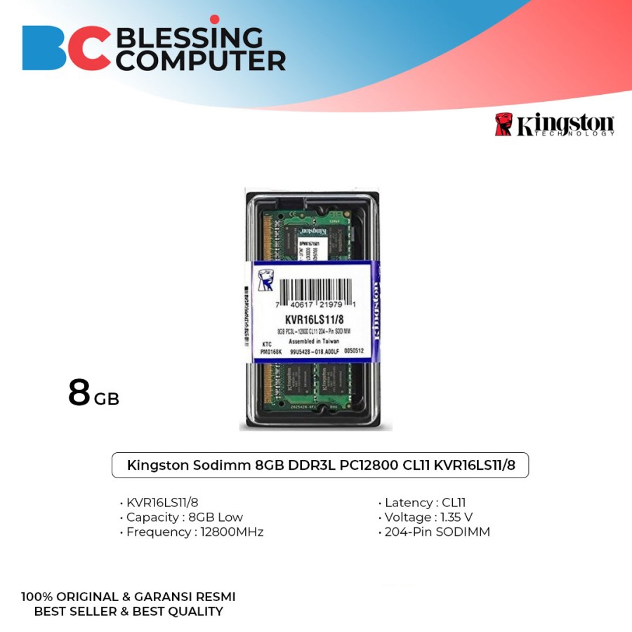 Kingston Sodimm 8GB DDR3L PC12800 CL11 KVR16LS11/8 / Sodimm 8GB Low