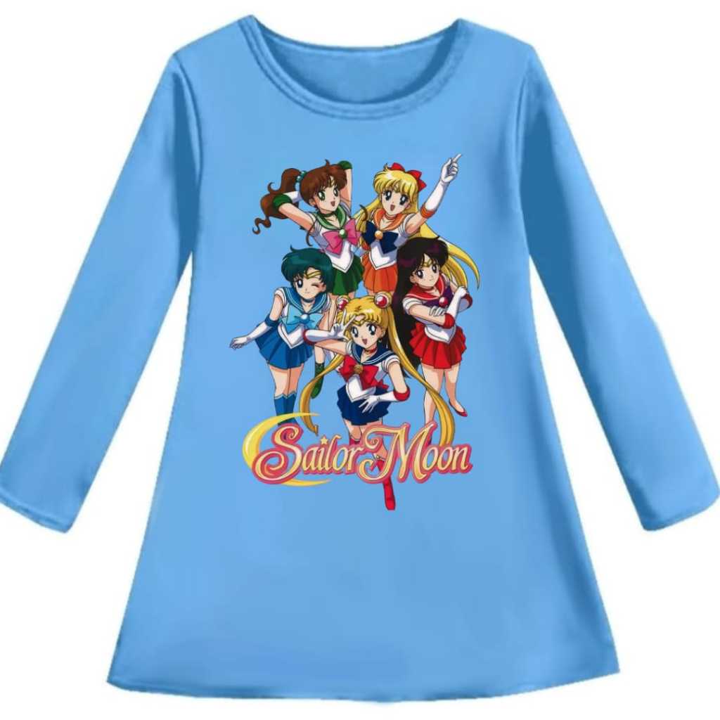 Dress Tunik Motif Gambar Kartun SAILOR MOON Lengan Panjang Oblong Anak Perempuan Atasan Usia 3-13 Ta
