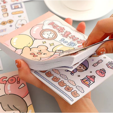 

50 Lembar Buku stiker kreatif aesthetic buat jurnal koleksi Cute book sticker Karakter kartun motif korea lucu Buku harian Selotip washi