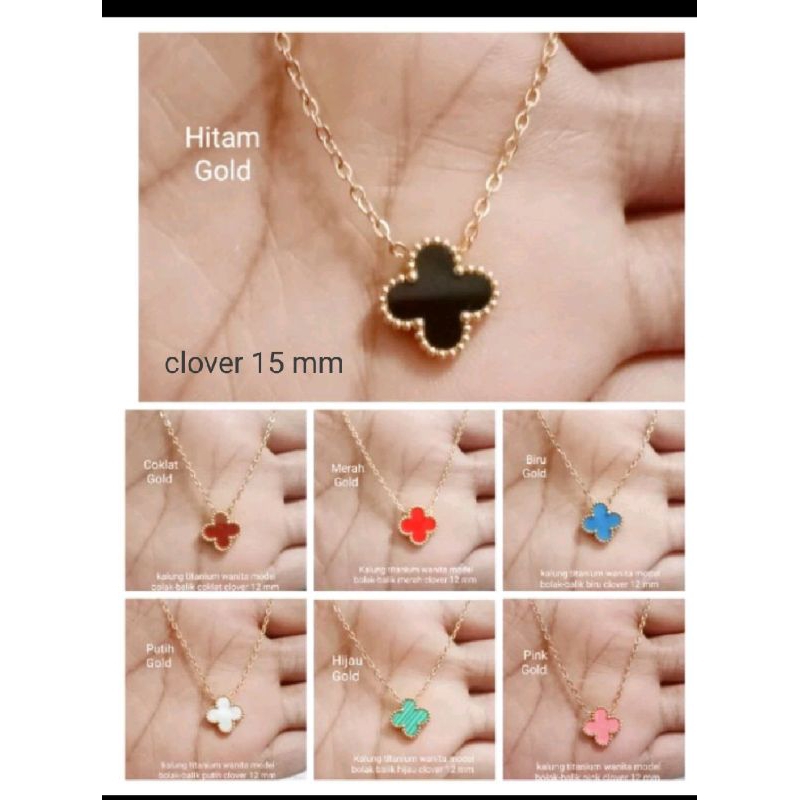 JYP36. Kalung titanium wanita UK 45 cm+koye model bolak-balik motif clover 12 mm