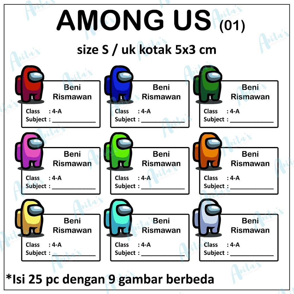 

25pc STIKER NAMA BUKU PELAJARAN ANAK SEKOLAH tema AMONG US 01 | size S / 5x3 cm | CUSTOM
