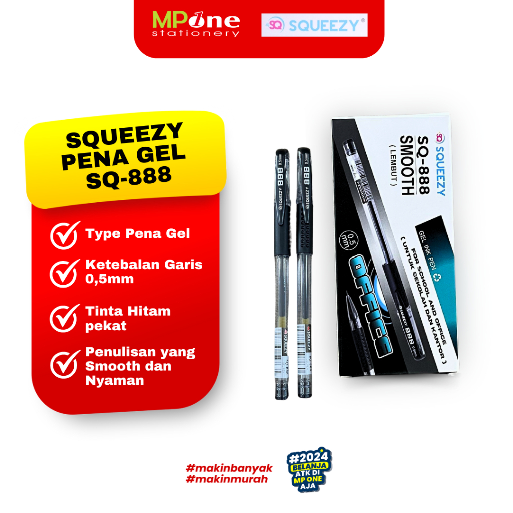 

(1 KOTAK) Squeezy Pena Gel 0,5mm Tinta Hitam SQ888 / Gel Ink Pulpen Smooth Office Tinta Cair Hitam Squeezy